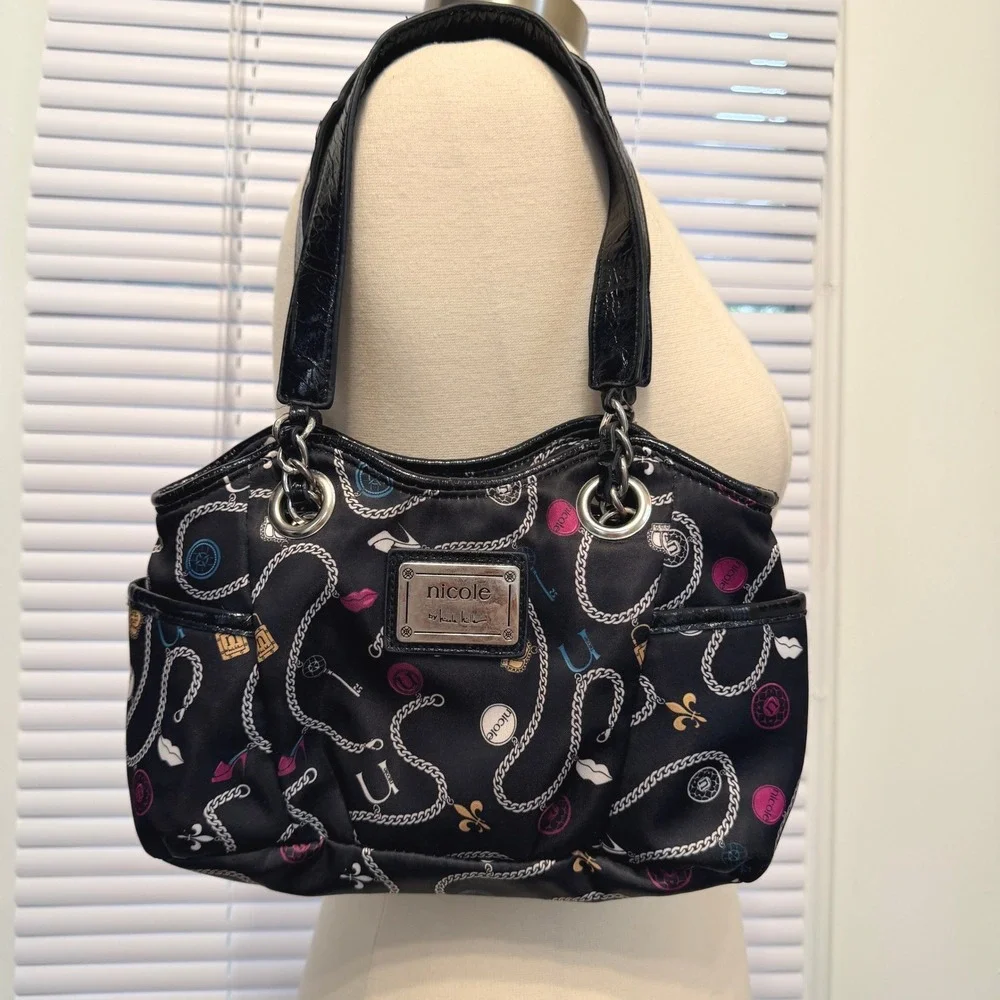Nicole Miller Black Satin Chain Print Shoulder Bag Purse Y2K 90s 2000s Retro